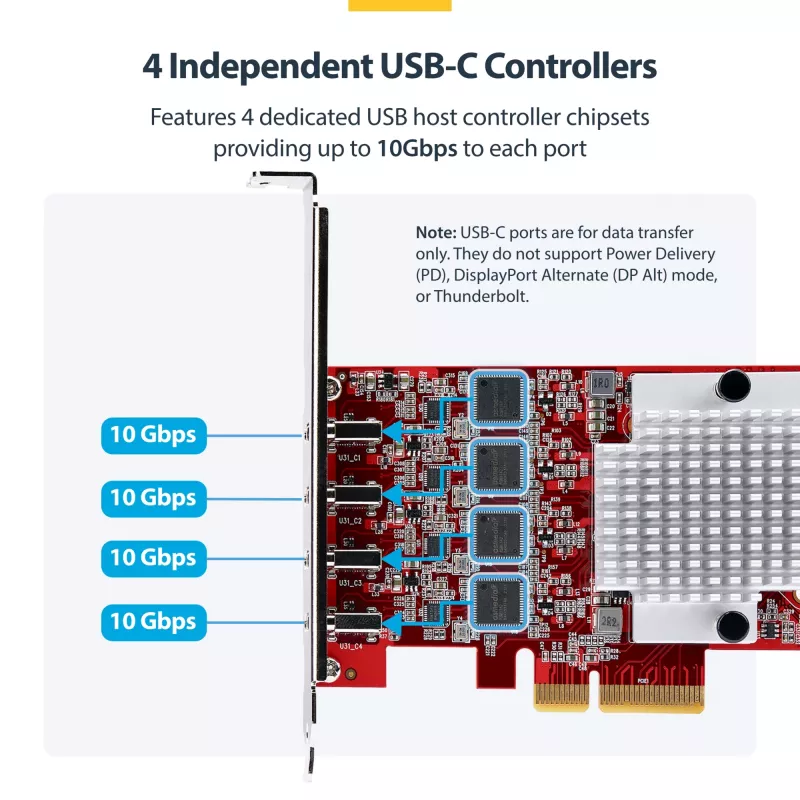 StarTech.com 4 prievadų USB Type-C PCIe kortelė, USB 3.2 10 Gbps, USB-C PCI Express išplėtimo kortelė, 4 nepriklausomi USB valdikliai, Windows/Linux/macOS, atitinka TAA