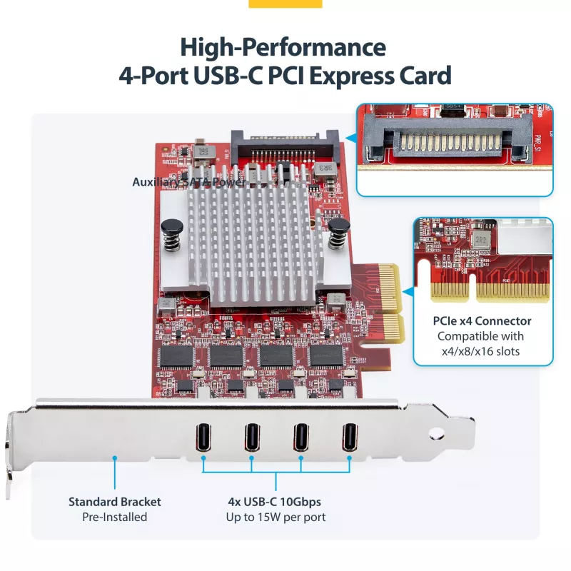 StarTech.com 4 prievadų USB Type-C PCIe kortelė, USB 3.2 10 Gbps, USB-C PCI Express išplėtimo kortelė, 4 nepriklausomi USB valdikliai, Windows/Linux/macOS, atitinka TAA