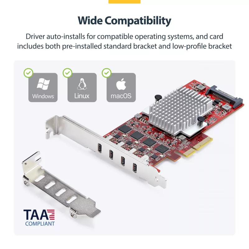 StarTech.com 4 prievadų USB Type-C PCIe kortelė, USB 3.2 10 Gbps, USB-C PCI Express išplėtimo kortelė, 4 nepriklausomi USB valdikliai, Windows/Linux/macOS, atitinka TAA