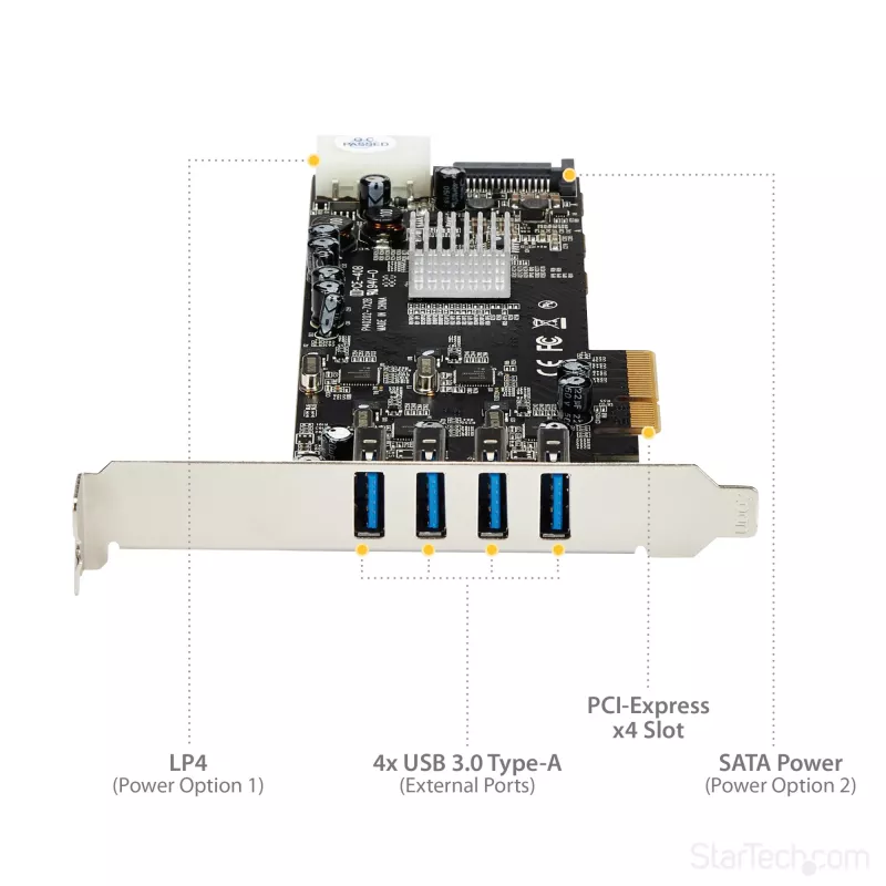 StarTech.com 4 prievadų USB 3.0 PCIe kortelė su 4 atskirais 5 Gbps kanalais (USB 3.1 Gen 1) - UASP - SATA / LP4 maitinimas - PCI Express adapterio kortelė