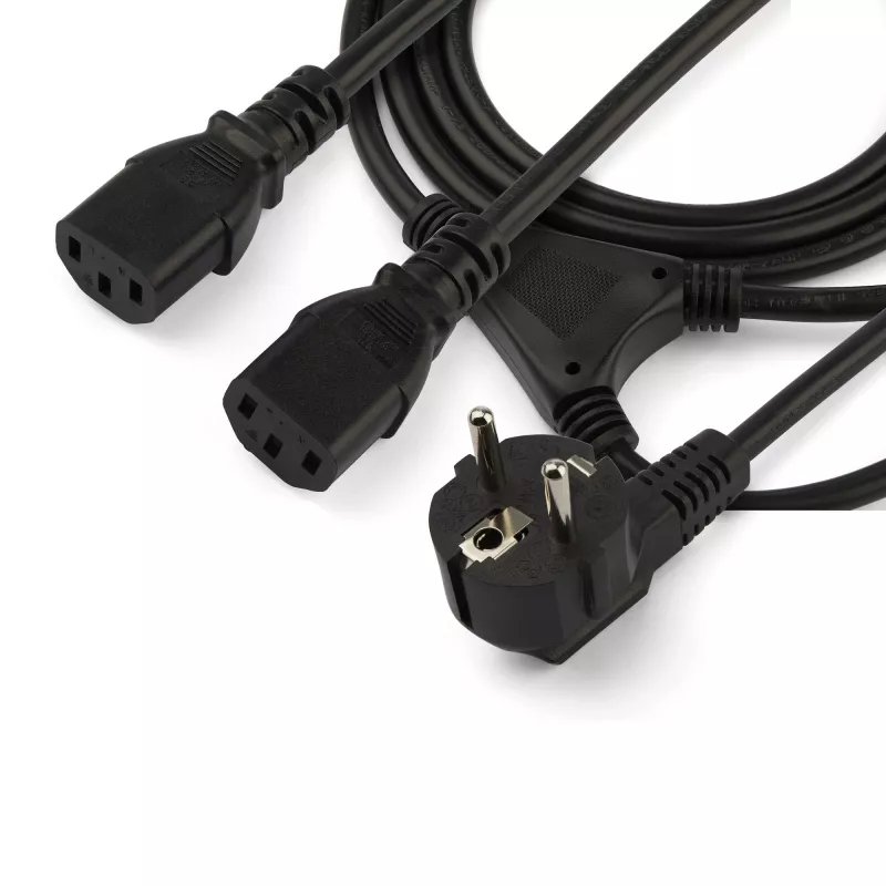 StarTech.com 2 m (6 pėd.) kompiuterio maitinimo Y laidas, 18AWG, EU Schuko į 2x C13, 10A 250V, juodas pakaitinis kintamosios srovės maitinimo laidas, spausdintuvo maitinimo laidas, kompiuterio maitinimo šaltinio kabelis, monitoriaus maitinimo laidas – UL sąraše