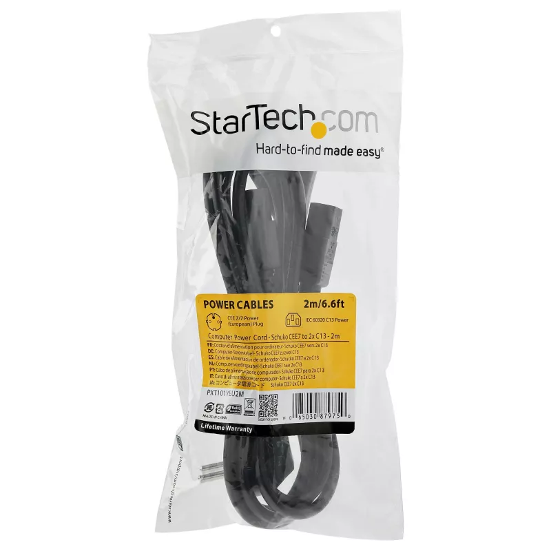 StarTech.com 2 m (6 pėd.) kompiuterio maitinimo Y laidas, 18AWG, EU Schuko į 2x C13, 10A 250V, juodas pakaitinis kintamosios srovės maitinimo laidas, spausdintuvo maitinimo laidas, kompiuterio maitinimo šaltinio kabelis, monitoriaus maitinimo laidas – UL sąraše