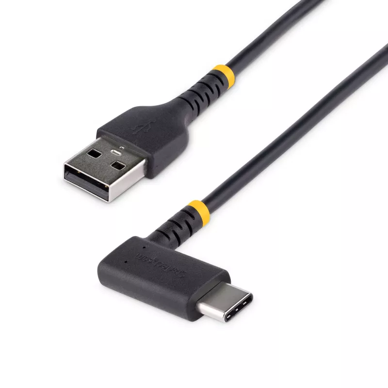 StarTech.com 0,3 m USB A į USB C įkrovimo laidas stačiu kampu – tvirtas, greito įkrovimo USB-C laidas – juodas USB 2.0 A į Type-C – tvirtas aramidinis pluoštas – 3 A – USB įkrovimo laidas