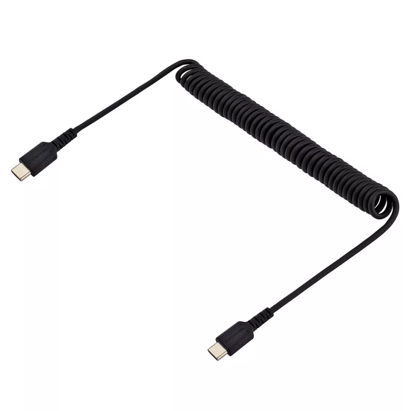 StarTech.com 3ft (1m) USB C įkrovimo laidas, spiralinis tvirtas greito įkrovimo ir sinchronizavimo USB-C laidas, USB 2.0 Type-C laidas, tvirtas aramidinis pluoštas, patvarus USB laidas tėvas-tėvas, juodas