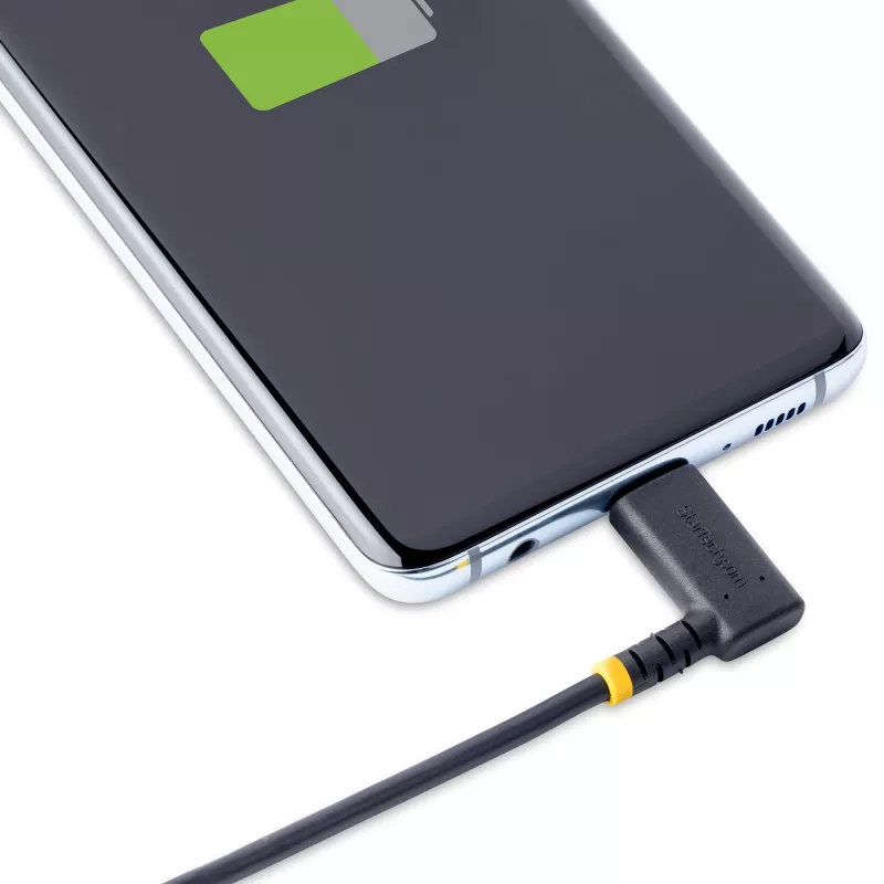 StarTech.com 15 cm USB-C įkrovimo laidas stačiu kampu – 60 W PD 3A – tvirtas greitojo įkrovimo USB-C laidas – juodas USB 2.0 Type-C – sustiprintas aramidiniu pluoštu – trumpas USB įkrovimo laidas