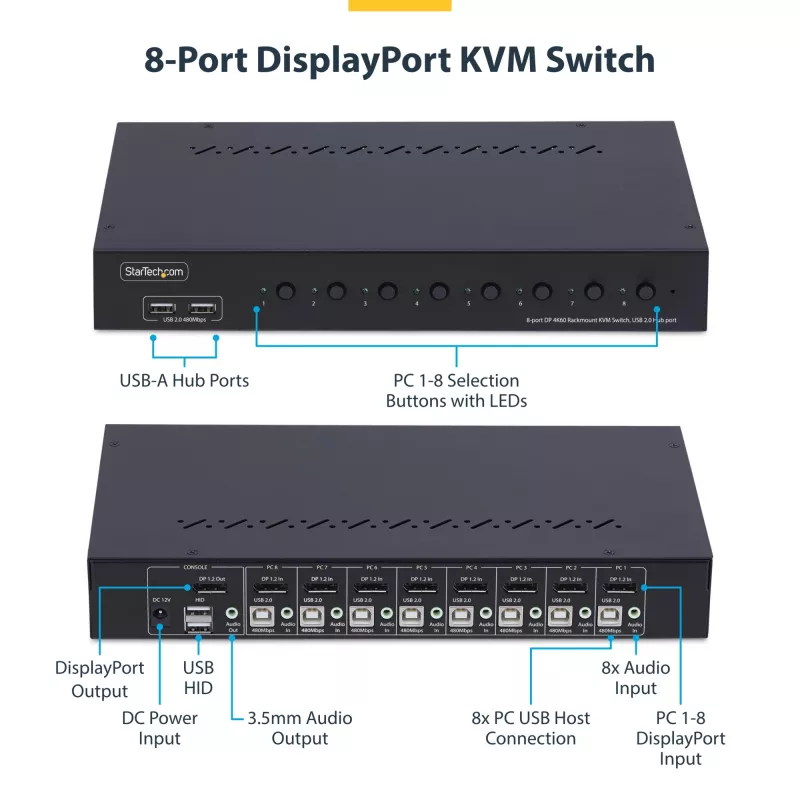 StarTech.com 8 prievadų „DisplayPort“ KVM jungiklis su 1U stovo montavimo komplektu, 4K 60Hz DP 1.2, mygtukų ir sparčiųjų klavišų perjungimas, 4 prievadų USB šakotuvas, OS nepriklausomas, TAA atitinkantis