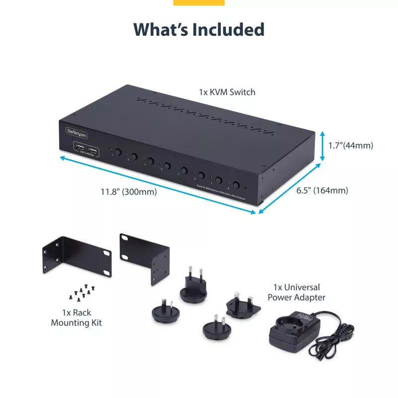 StarTech.com 8 prievadų „DisplayPort“ KVM jungiklis su 1U stovo montavimo komplektu, 4K 60Hz DP 1.2, mygtukų ir sparčiųjų klavišų perjungimas, 4 prievadų USB šakotuvas, OS nepriklausomas, TAA atitinkantis