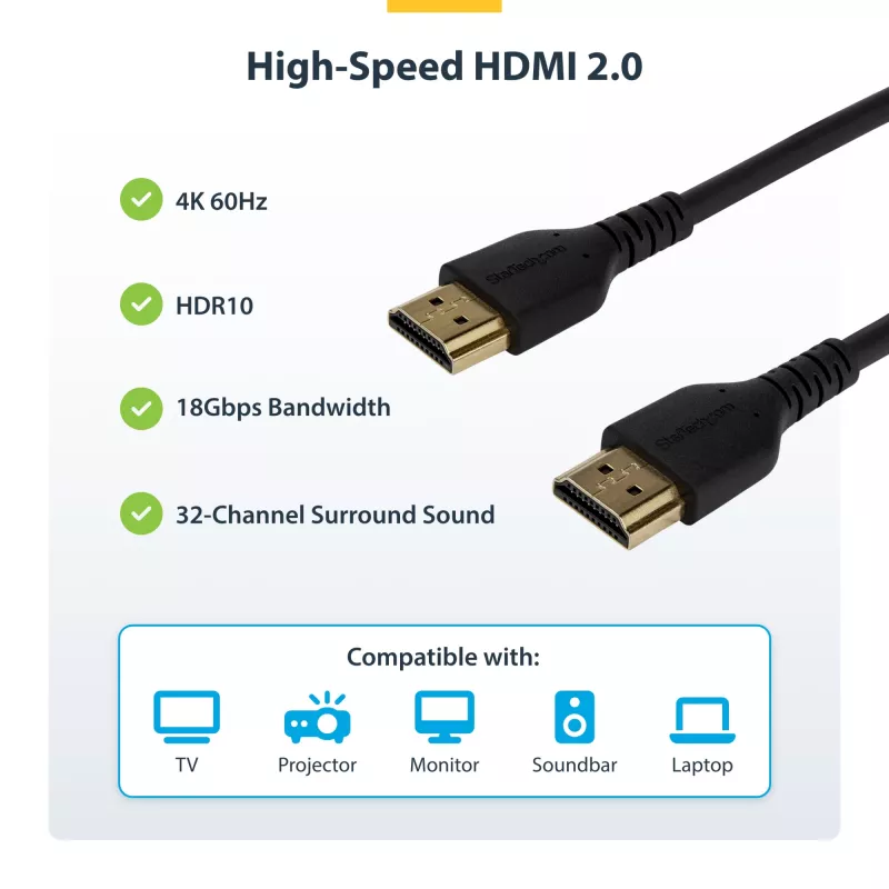 StarTech.com 6ft (2m) plonas HDMI 2.0 kabelis, lankstus aukščiausios kokybės sertifikuotas HDMI laidas su Ethernet, UHD 4K 60Hz HDR10, patvarus aramido pluošto dizainas su TPE apvalkalu