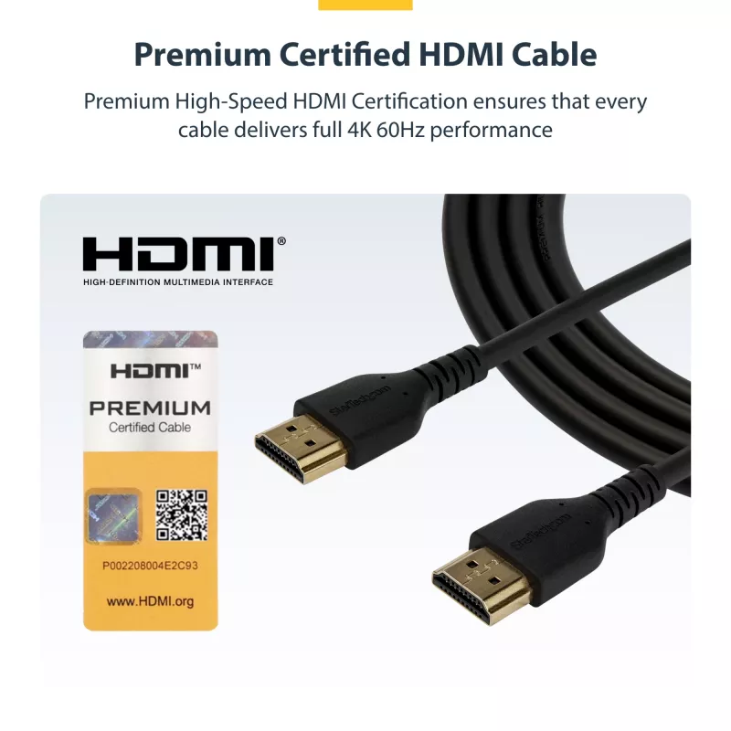 StarTech.com 6ft (2m) plonas HDMI 2.0 kabelis, lankstus aukščiausios kokybės sertifikuotas HDMI laidas su Ethernet, UHD 4K 60Hz HDR10, patvarus aramido pluošto dizainas su TPE apvalkalu