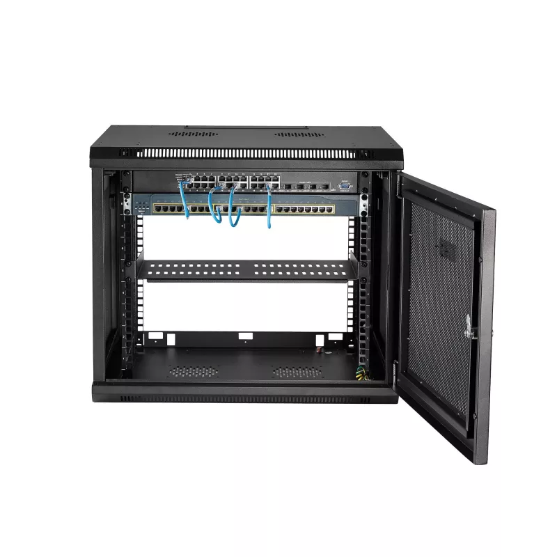 StarTech.com 4-Post 9U sieninė tinklo spinta su 1U lentyna, 19 colių sieninė serverių spinta duomenų / AV / elektronikos / kompiuterinės įrangos laikymui, maža ventiliuojama spintos korpuso dėžutė