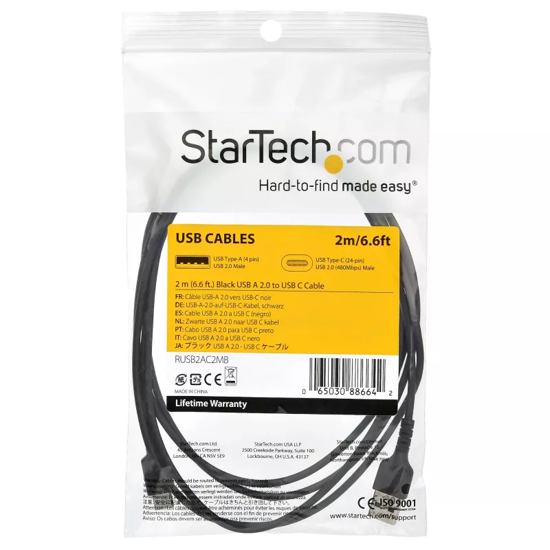 “StarTech.com” 2 m USB A–USB C įkrovimo laidas – patvarus greito įkrovimo ir duomenų sinchronizavimo USB 2.0 į USB Type C laidas – tvirtas TPE apvalkalas, aramidinis pluoštas, M/M, 3 A, juodas – “Samsung S10”, “iPad Pro”, “Pixel”