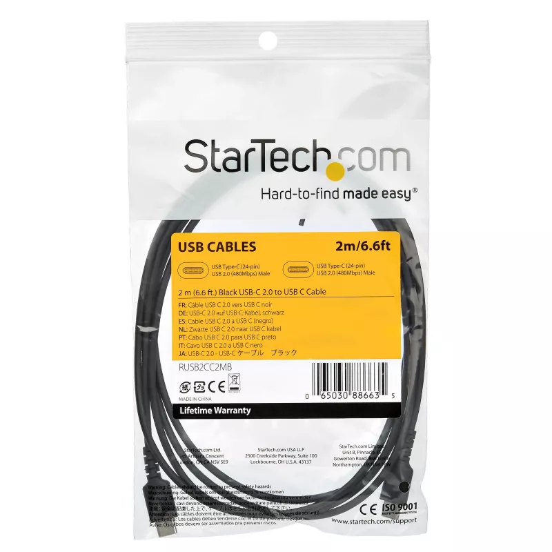 StarTech.com 2m USB C įkrovimo laidas – Patvarus greitas įkrovimas ir sinchronizavimas USB 2.0 Type C į USB C nešiojamojo kompiuterio įkroviklio laidas – TPE apvalkalas Aramidinis pluoštas M/M 60W Juodas – Samsung S10 S20 iPad Pro MS Surface