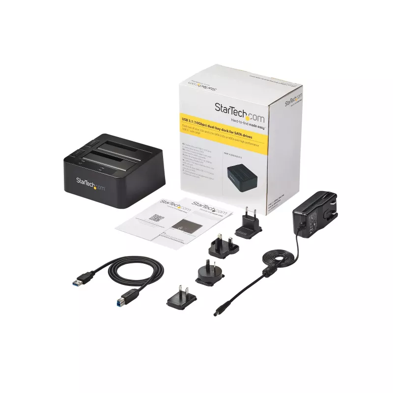 StarTech.com dviejų lizdų USB 3.2 Gen 2 į SATA standžiųjų diskų prijungimo stotelė, USB 10 Gbps standžiųjų diskų prijungimo stotelė, išorinė 2,5/3,5 col. SATA I/II/III SSD/HDD prijungimo stotelė, karšto keitimo standžiųjų diskų dėklas, viršutinė įkrova