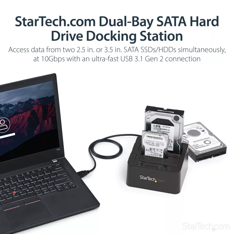 StarTech.com dviejų lizdų USB 3.2 Gen 2 į SATA standžiųjų diskų prijungimo stotelė, USB 10 Gbps standžiųjų diskų prijungimo stotelė, išorinė 2,5/3,5 col. SATA I/II/III SSD/HDD prijungimo stotelė, karšto keitimo standžiųjų diskų dėklas, viršutinė įkrova