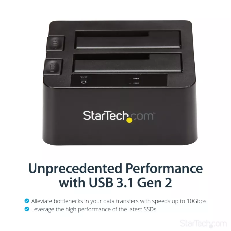 StarTech.com dviejų lizdų USB 3.2 Gen 2 į SATA standžiųjų diskų prijungimo stotelė, USB 10 Gbps standžiųjų diskų prijungimo stotelė, išorinė 2,5/3,5 col. SATA I/II/III SSD/HDD prijungimo stotelė, karšto keitimo standžiųjų diskų dėklas, viršutinė įkrova