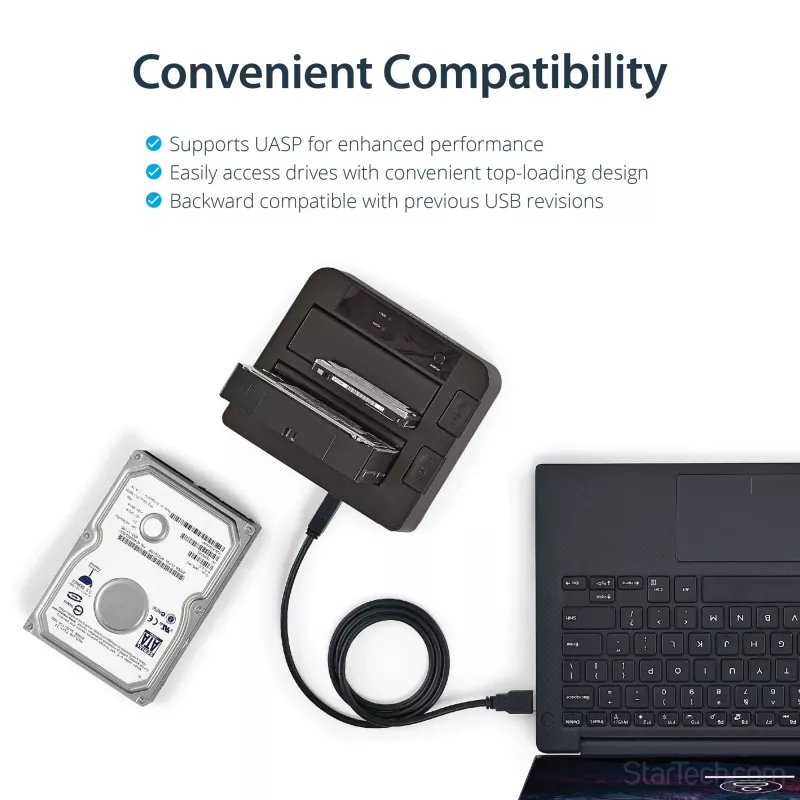 StarTech.com dviejų lizdų USB 3.2 Gen 2 į SATA standžiųjų diskų prijungimo stotelė, USB 10 Gbps standžiųjų diskų prijungimo stotelė, išorinė 2,5/3,5 col. SATA I/II/III SSD/HDD prijungimo stotelė, karšto keitimo standžiųjų diskų dėklas, viršutinė įkrova