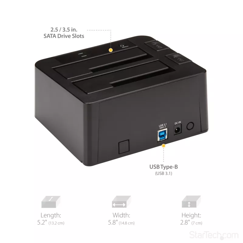StarTech.com dviejų lizdų USB 3.2 Gen 2 į SATA standžiųjų diskų prijungimo stotelė, USB 10 Gbps standžiųjų diskų prijungimo stotelė, išorinė 2,5/3,5 col. SATA I/II/III SSD/HDD prijungimo stotelė, karšto keitimo standžiųjų diskų dėklas, viršutinė įkrova