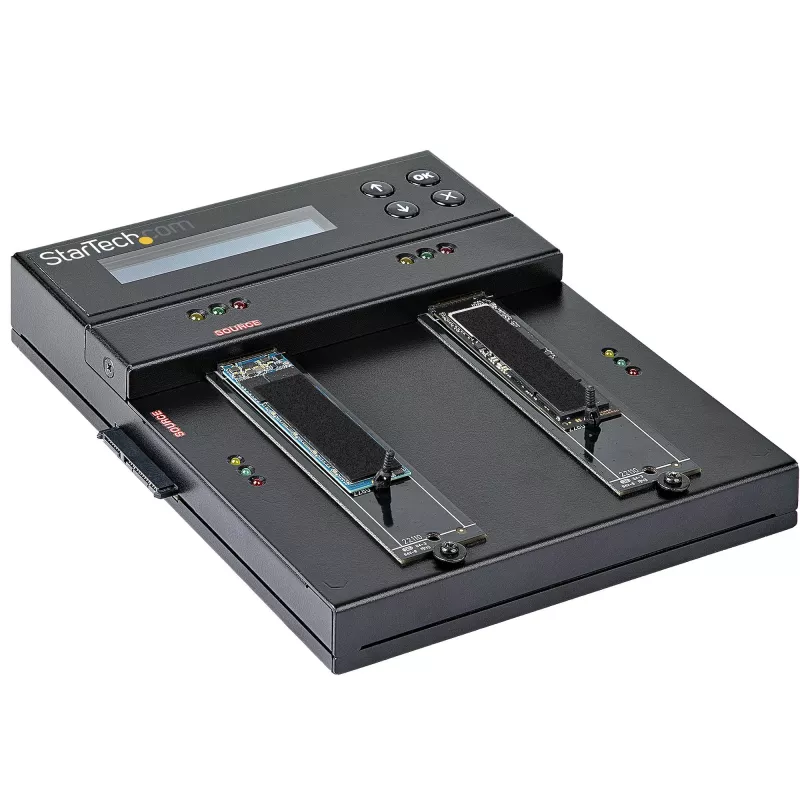 StarTech.com Atskiras M.2 SATA ir M.2 NVMe dublikatorius ir trintuvas – HDD/SSD klonavimo įrenginys / valytuvas M.2 PCIe AHCI/NVMe, M.2 SATA, 2,5/3,5 colio SATA diskams – Išorinis standžiųjų diskų trintuvas / dublikatorius, TAA