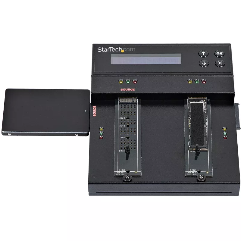 StarTech.com Atskiras M.2 SATA ir M.2 NVMe dublikatorius ir trintuvas – HDD/SSD klonavimo įrenginys / valytuvas M.2 PCIe AHCI/NVMe, M.2 SATA, 2,5/3,5 colio SATA diskams – Išorinis standžiųjų diskų trintuvas / dublikatorius, TAA
