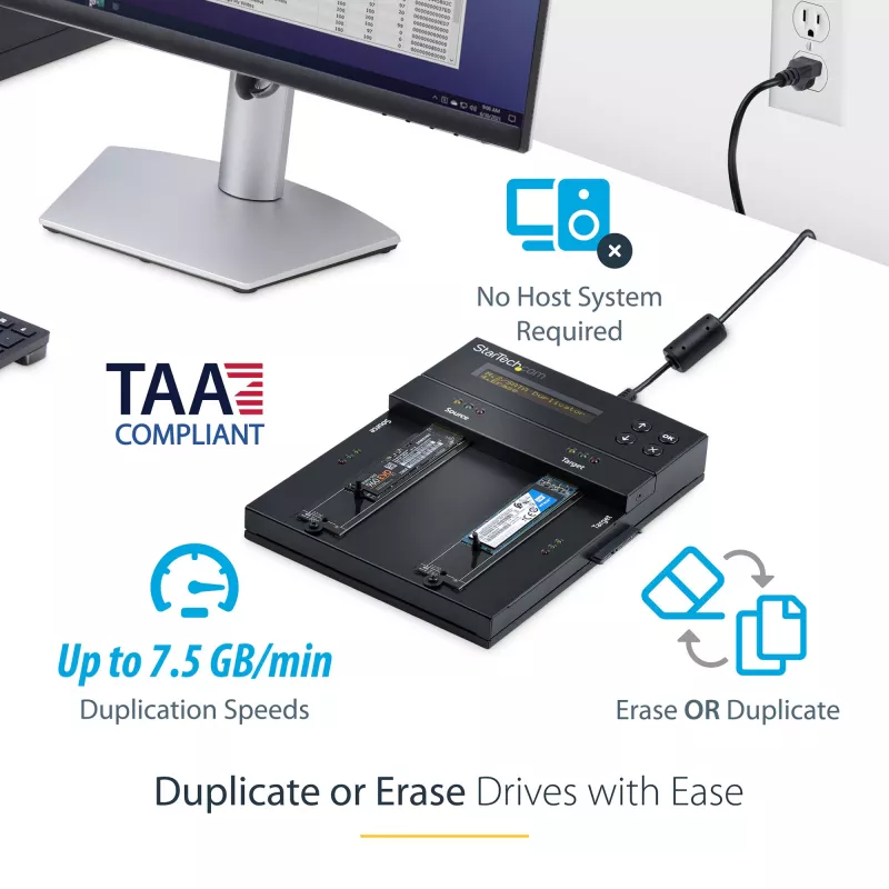 StarTech.com Atskiras M.2 SATA ir M.2 NVMe dublikatorius ir trintuvas – HDD/SSD klonavimo įrenginys / valytuvas M.2 PCIe AHCI/NVMe, M.2 SATA, 2,5/3,5 colio SATA diskams – Išorinis standžiųjų diskų trintuvas / dublikatorius, TAA