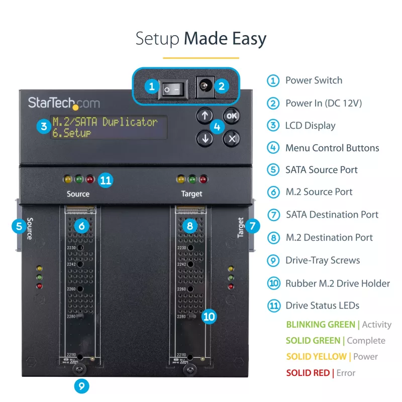 StarTech.com Atskiras M.2 SATA ir M.2 NVMe dublikatorius ir trintuvas – HDD/SSD klonavimo įrenginys / valytuvas M.2 PCIe AHCI/NVMe, M.2 SATA, 2,5/3,5 colio SATA diskams – Išorinis standžiųjų diskų trintuvas / dublikatorius, TAA