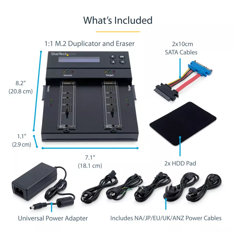StarTech.com Atskiras M.2 SATA ir M.2 NVMe dublikatorius ir trintuvas – HDD/SSD klonavimo įrenginys / valytuvas M.2 PCIe AHCI/NVMe, M.2 SATA, 2,5/3,5 colio SATA diskams – Išorinis standžiųjų diskų trintuvas / dublikatorius, TAA