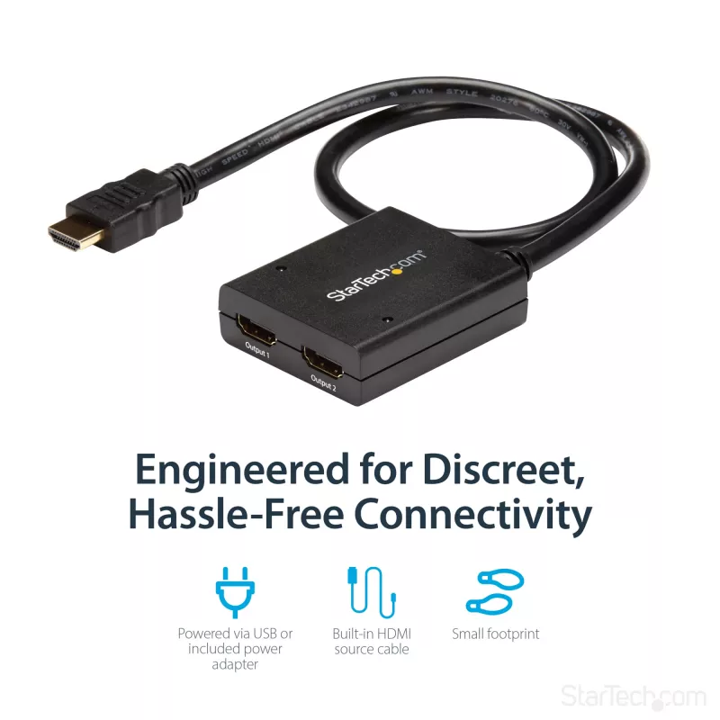 StarTech.com 4K HDMI 2 prievadų vaizdo skirstytuvas – 1x2 HDMI skirstytuvas – maitinamas per USB arba maitinimo adapterį – 4K 30Hz