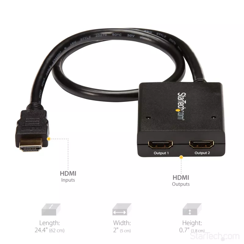StarTech.com 4K HDMI 2 prievadų vaizdo skirstytuvas – 1x2 HDMI skirstytuvas – maitinamas per USB arba maitinimo adapterį – 4K 30Hz