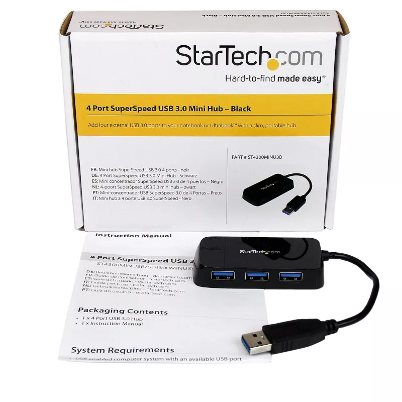 StarTech.com Nešiojamas 4 prievadų supergreitas mini USB 3.0 šakotuvas – juodas~Nešiojamas 4 prievadų supergreitas mini USB 3.0 šakotuvas – 5 Gbps – juodas