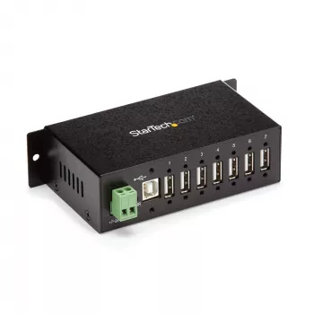 „StarTech.com“ 7 prievadų USB 2.0 šakotuvas – metalinis pramoninis USB-A šakotuvas su ESD apsauga ir 350 W viršįtampių apsauga – montuojamas ant DIN bėgelio, sienos ar stalo – TAA atitinkantis USB plėtiklis
