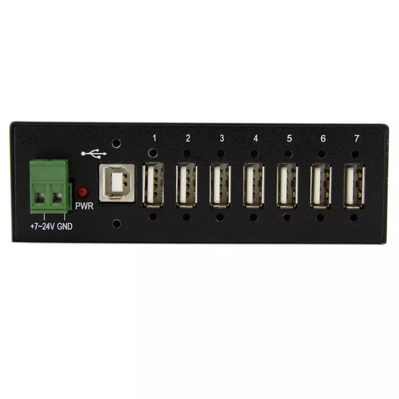 „StarTech.com“ 7 prievadų USB 2.0 šakotuvas – metalinis pramoninis USB-A šakotuvas su ESD apsauga ir 350 W viršįtampių apsauga – montuojamas ant DIN bėgelio, sienos ar stalo – TAA atitinkantis USB plėtiklis