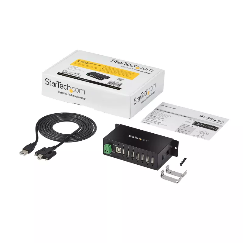 „StarTech.com“ 7 prievadų USB 2.0 šakotuvas – metalinis pramoninis USB-A šakotuvas su ESD apsauga ir 350 W viršįtampių apsauga – montuojamas ant DIN bėgelio, sienos ar stalo – TAA atitinkantis USB plėtiklis