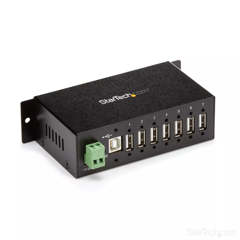 „StarTech.com“ 7 prievadų USB 2.0 šakotuvas – metalinis pramoninis USB-A šakotuvas su ESD apsauga ir 350 W viršįtampių apsauga – montuojamas ant DIN bėgelio, sienos ar stalo – TAA atitinkantis USB plėtiklis