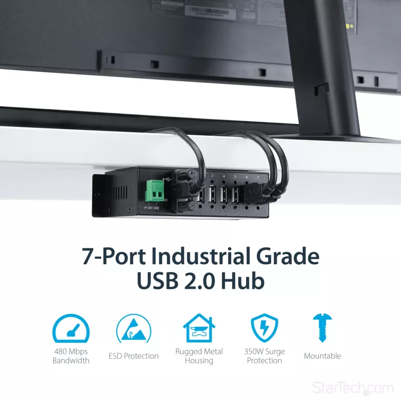 „StarTech.com“ 7 prievadų USB 2.0 šakotuvas – metalinis pramoninis USB-A šakotuvas su ESD apsauga ir 350 W viršįtampių apsauga – montuojamas ant DIN bėgelio, sienos ar stalo – TAA atitinkantis USB plėtiklis