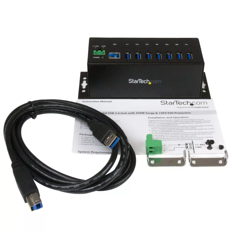 StarTech.com 7 prievadų pramoninis USB 3.0 šakotuvas su ESD apsauga ~ 7 prievadų USB 3.0 šakotuvas (5 Gbps) - metalinis pramoninis USB-A šakotuvas su ESD apsauga ir 350 W apsauga nuo viršįtampių - montuojamas ant DIN bėgelio, sienos ar stalo - TAA reikalavimus atitinkantis USB plėstuvas