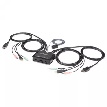 StarTech.com 2 prievadų DisplayPort KVM jungiklis - 4K 60Hz - kompaktiškas dviejų prievadų UHD DP 1.2 USB stalinis KVM jungiklis su 1,2 m laidais ir garsu - maitinamas per magistralę ir nuotoliniu perjungimu - „MacBook ThinkPad“