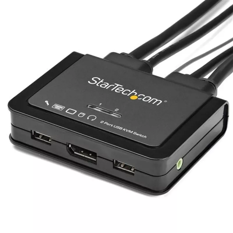 StarTech.com 2 prievadų DisplayPort KVM jungiklis - 4K 60Hz - kompaktiškas dviejų prievadų UHD DP 1.2 USB stalinis KVM jungiklis su 1,2 m laidais ir garsu - maitinamas per magistralę ir nuotoliniu perjungimu - „MacBook ThinkPad“