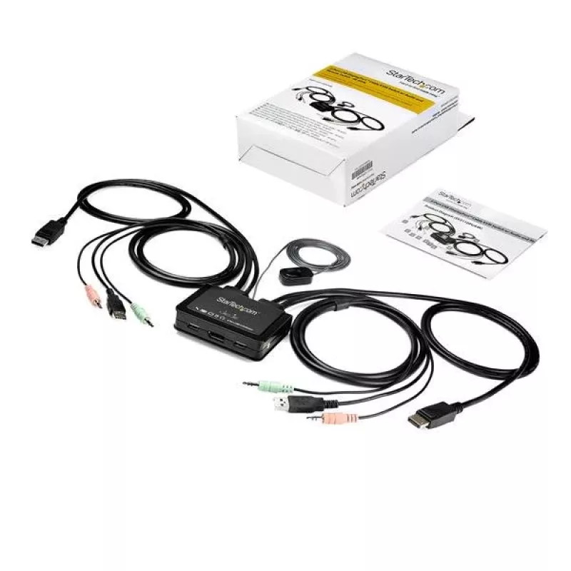 StarTech.com 2 prievadų DisplayPort KVM jungiklis - 4K 60Hz - kompaktiškas dviejų prievadų UHD DP 1.2 USB stalinis KVM jungiklis su 1,2 m laidais ir garsu - maitinamas per magistralę ir nuotoliniu perjungimu - „MacBook ThinkPad“