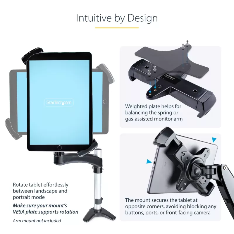 StarTech.com VESA tvirtinimo adapteris planšetėms 7,9–12,5 col. – iki 2 kg (4,4 lb) – 75x75/100x100 VESA formatai – universalus apsaugantis nuo vagystės planšečių VESA spaustukas – saugus planšetės laikiklis – juodas