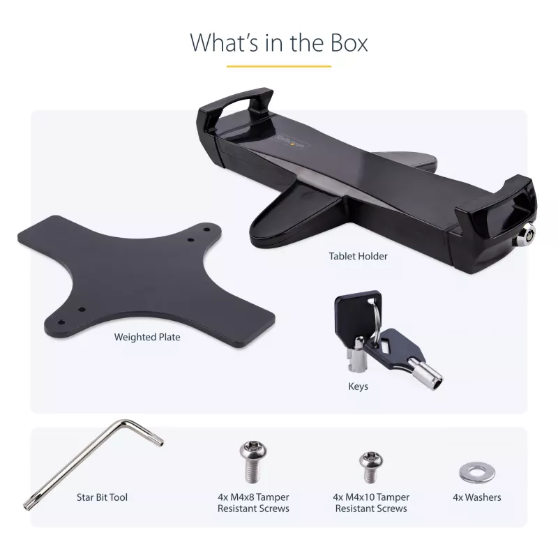 StarTech.com VESA tvirtinimo adapteris planšetėms 7,9–12,5 col. – iki 2 kg (4,4 lb) – 75x75/100x100 VESA formatai – universalus apsaugantis nuo vagystės planšečių VESA spaustukas – saugus planšetės laikiklis – juodas