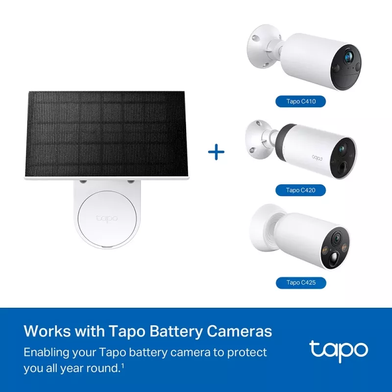 „TP-Link Tapo“ saulės baterija SPEC.: 5,2 V 2,5 W FUNKCIJA: Type-C įkrovimo prievadas, nenutrūkstamas maitinimas, lankstus saulės baterijos montavimas, veikia su baterijos kamera, 4 m įkrovimo laidas (bendras), atspari oro sąlygoms (IP65)