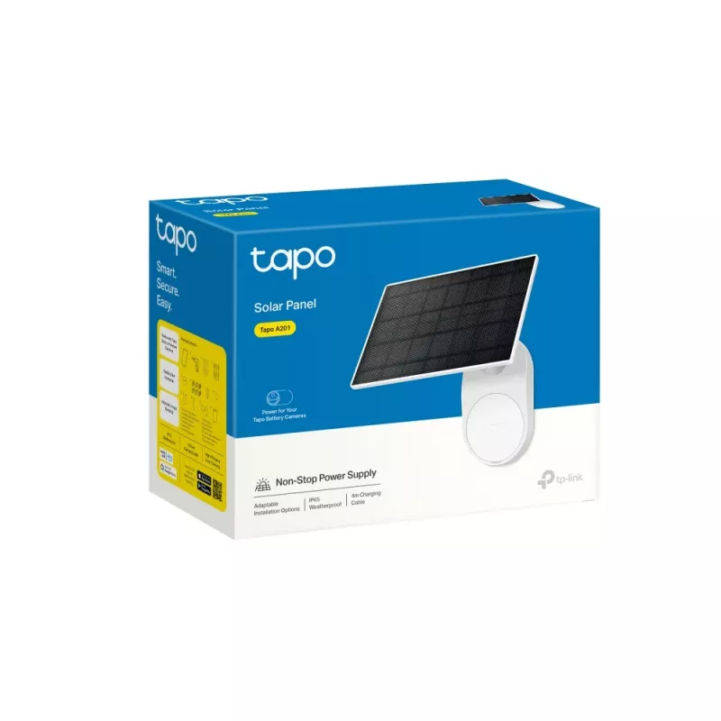 „TP-Link Tapo“ saulės baterija SPEC.: 5,2 V 2,5 W FUNKCIJA: Type-C įkrovimo prievadas, nenutrūkstamas maitinimas, lankstus saulės baterijos montavimas, veikia su baterijos kamera, 4 m įkrovimo laidas (bendras), atspari oro sąlygoms (IP65)