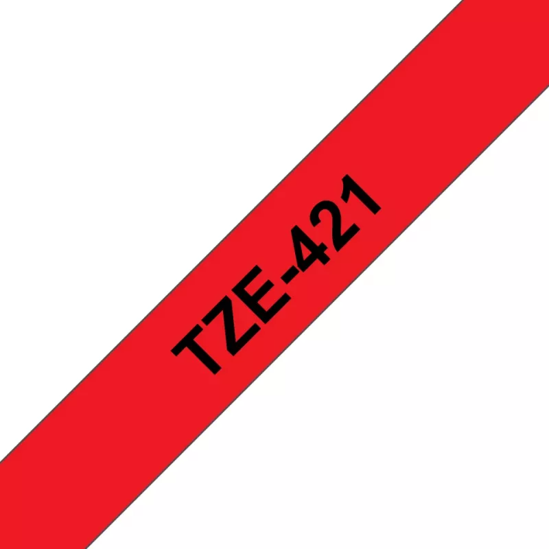 Brother TZE-421 etikečių gamybos juosta, juoda ant raudonos