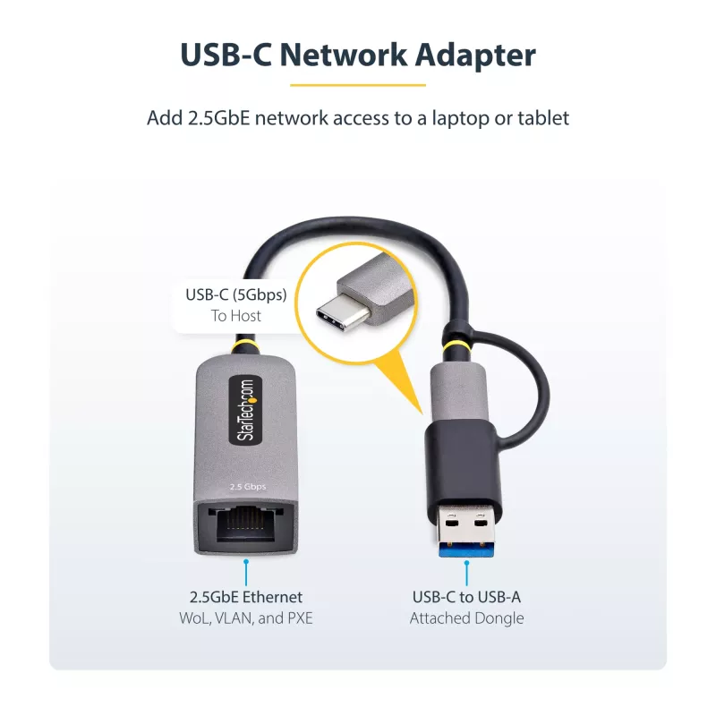 StarTech.com 2.5GbE USB-C prie eterneto adapteris su USB-A keitikliu, NBASE-T NIC, USB 3.0 Type-C 2.5/1G kelių greičių tinklas, Thunderbolt suderinamas, Windows ir Mac