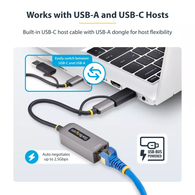 StarTech.com 2.5GbE USB-C prie eterneto adapteris su USB-A keitikliu, NBASE-T NIC, USB 3.0 Type-C 2.5/1G kelių greičių tinklas, Thunderbolt suderinamas, Windows ir Mac