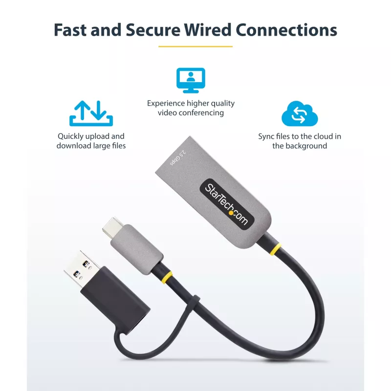 StarTech.com 2.5GbE USB-C prie eterneto adapteris su USB-A keitikliu, NBASE-T NIC, USB 3.0 Type-C 2.5/1G kelių greičių tinklas, Thunderbolt suderinamas, Windows ir Mac