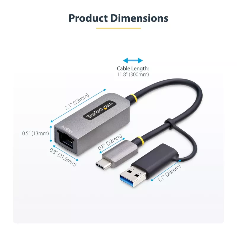 StarTech.com 2.5GbE USB-C prie eterneto adapteris su USB-A keitikliu, NBASE-T NIC, USB 3.0 Type-C 2.5/1G kelių greičių tinklas, Thunderbolt suderinamas, Windows ir Mac