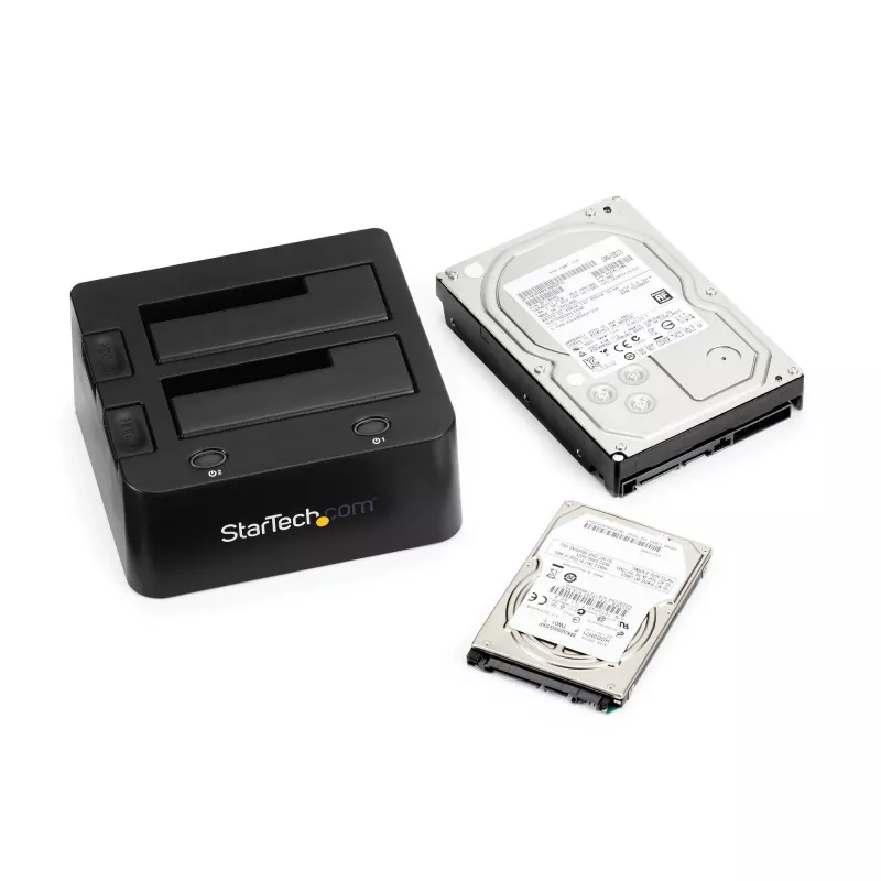 StarTech.com dviejų lizdų USB 3.0 prie SATA ir IDE standžiųjų diskų prijungimo stotelė, USB standžiųjų diskų dokas, išorinė 2,5/3,5 col. SATA I/II/III ir IDE (40 kontaktų) SSD/HDD prijungimo stotelė, karšto keitimo diskų lizdai, viršutinė įkrova