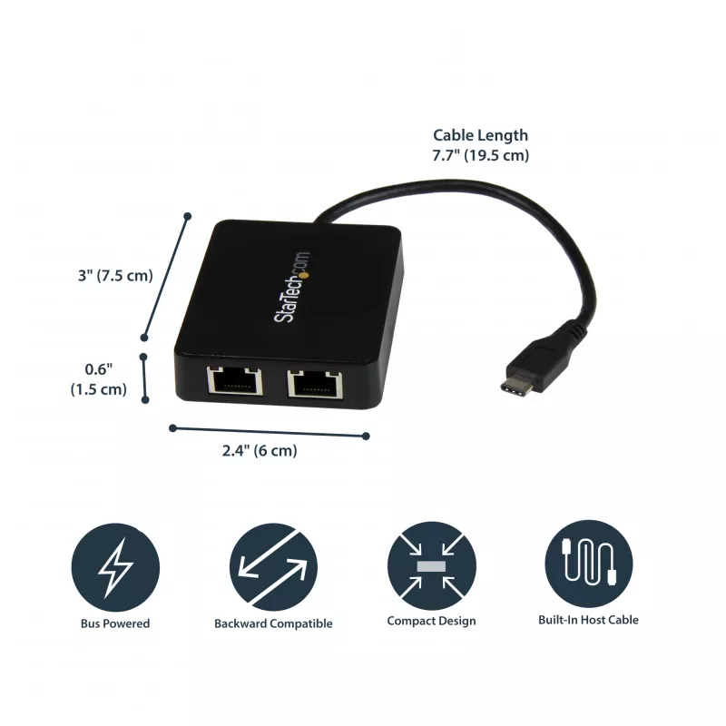 StarTech.com USB-C į du Gigabit Ethernet adapterius su USB (Type-A) prievadu