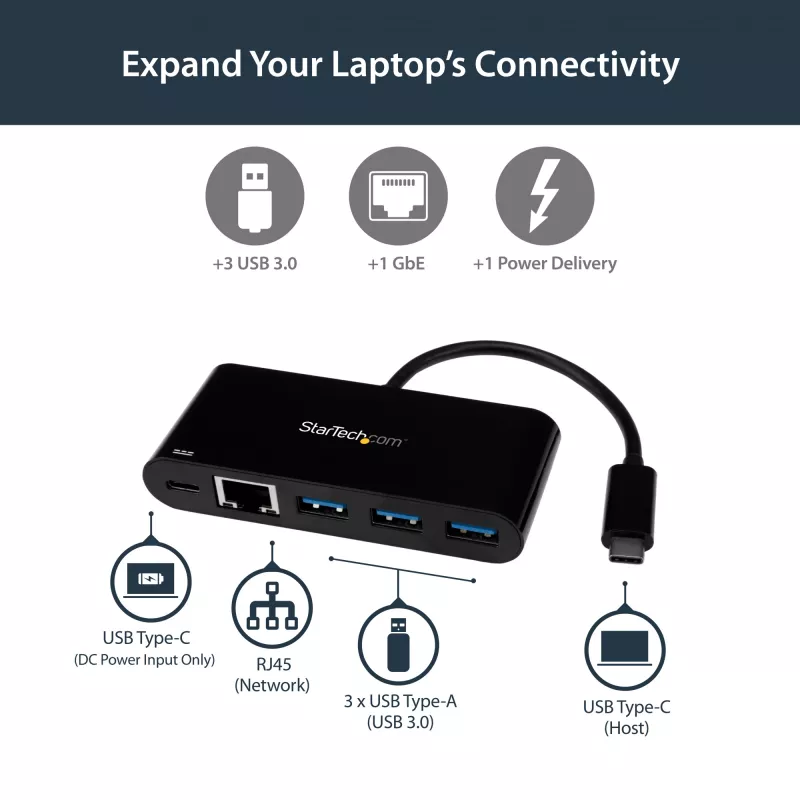 StarTech.com USB-C į eterneto adapteris su 3 prievadų USB 3.0 šakotuvu ir maitinimo tiekimu